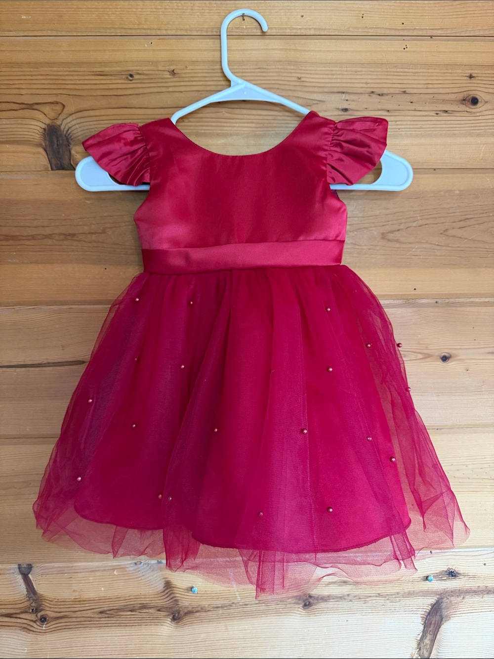 Toddler girls 3T red tulle sleeveless pearl formal dress wedding party puffy